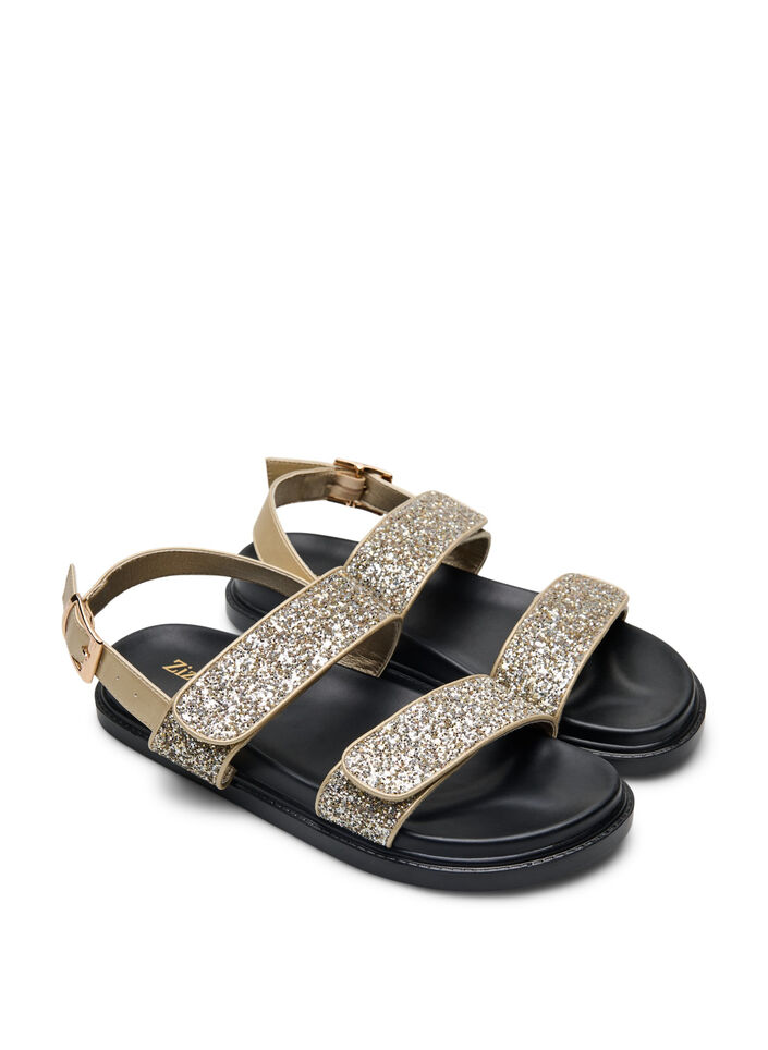 Wide fit - Glitter sandaal met klittenbandsluiting, Golden Glitter, Packshot