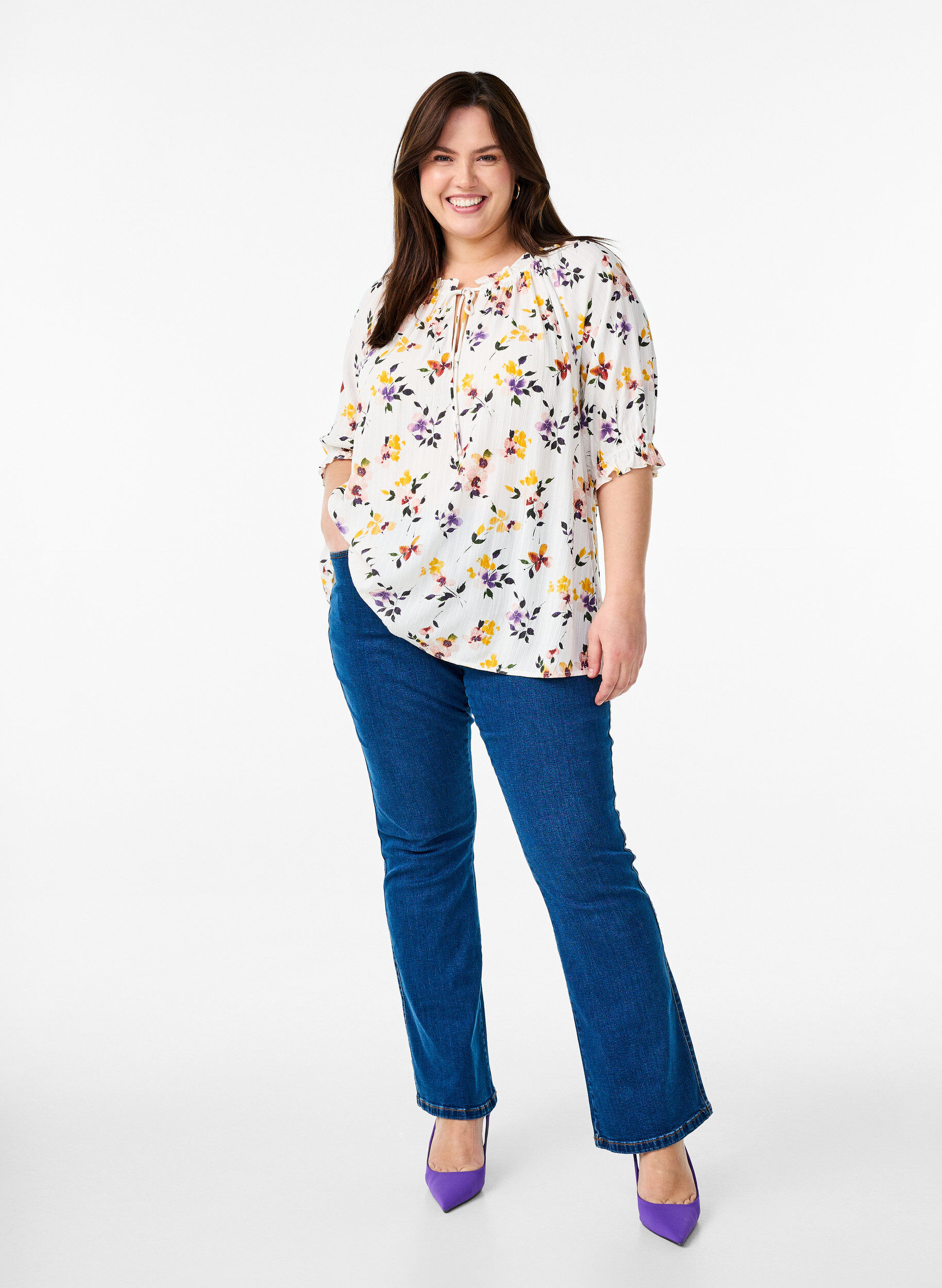 ZizziGebloemde viscose blouse met halflange mouwen, Wit, Model image number 1
