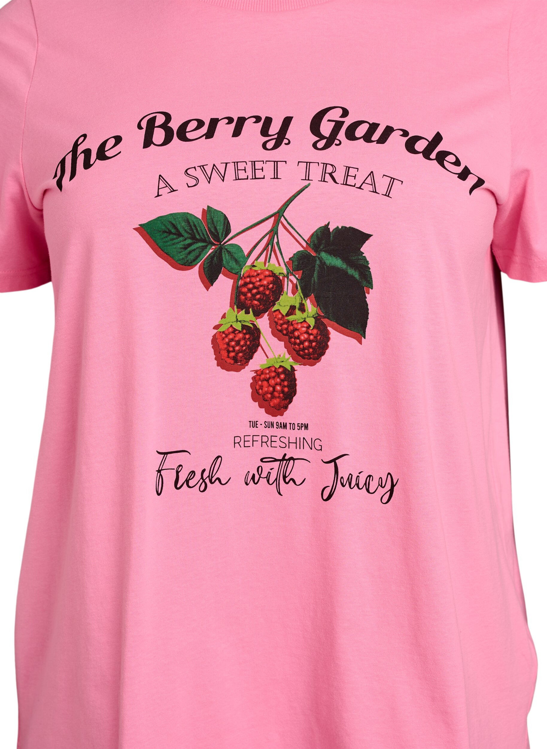 ZizziKatoenen T-shirt met fruitprint en tekst, Roze, Packshot image number 2