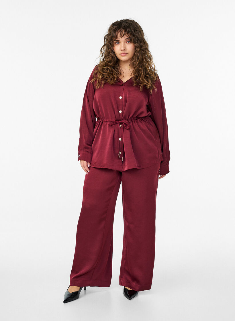 Satijnen-look broek met een high waist en wijde pijpen, Donker Bordeaux, Model image number 0