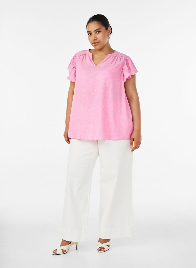 Viscose en linnen blouse met ruches aan de mouwen, Roze, Model image number 1