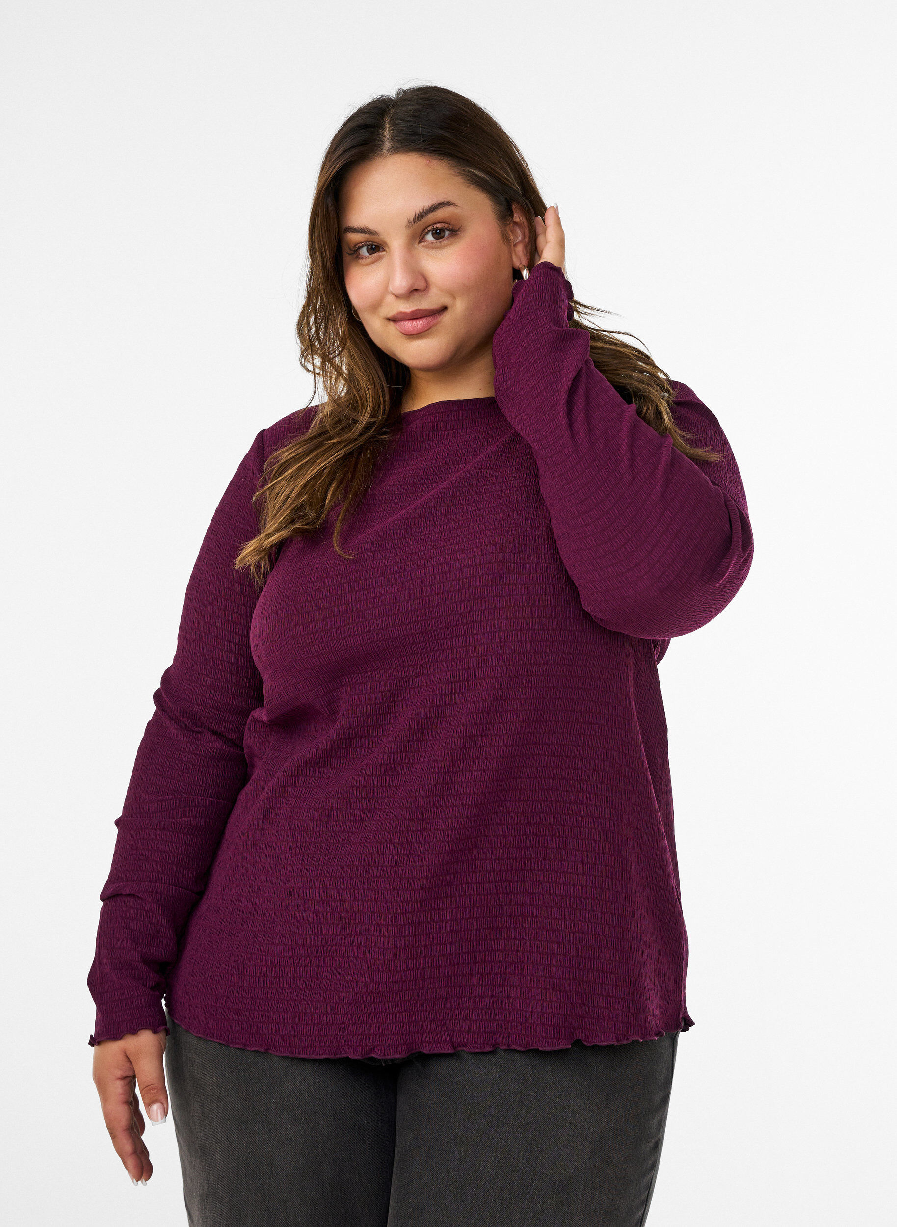 Blouse met structuur en golvende randen, Paars, Model
