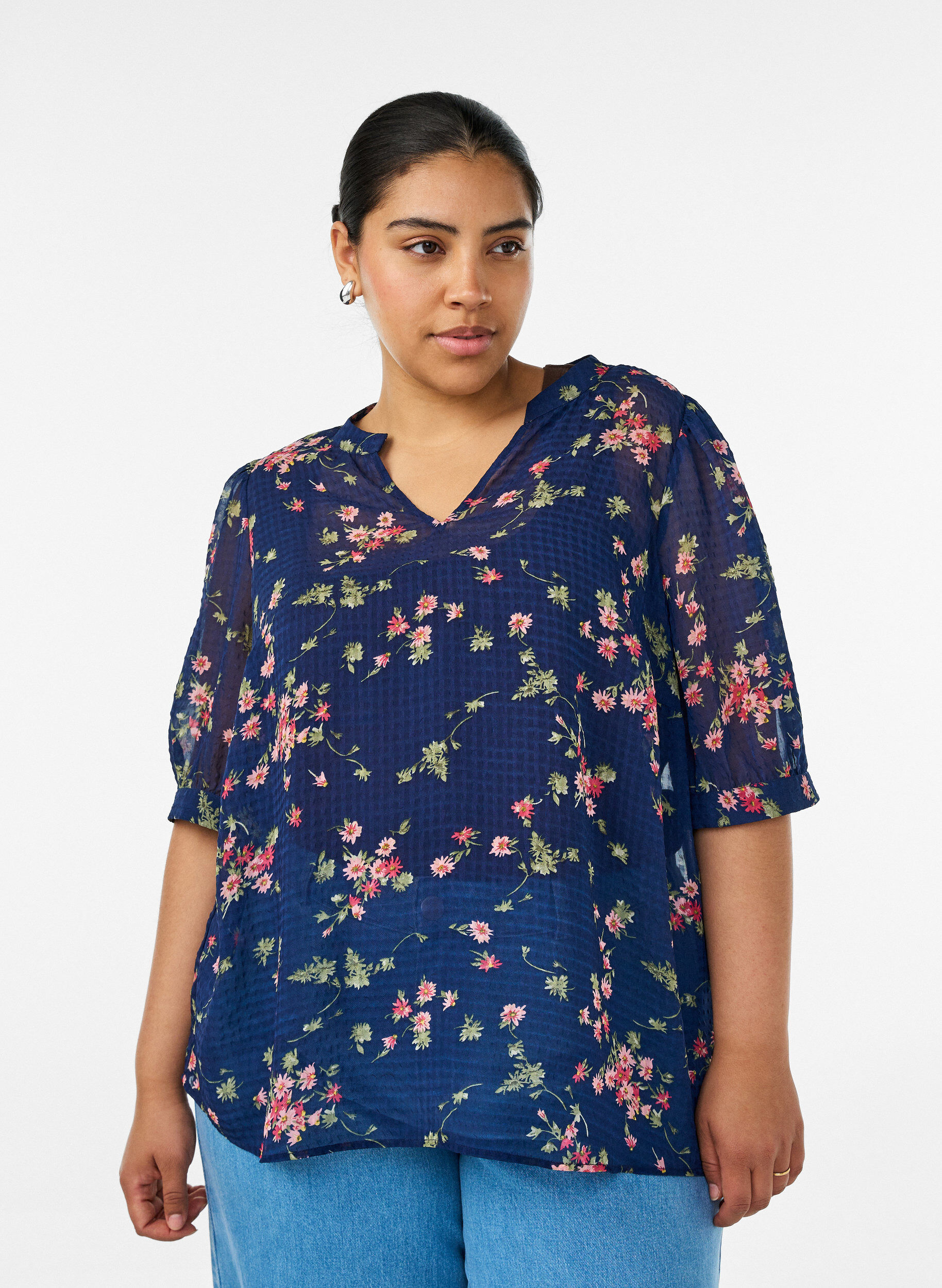 ZizziBlouse met bloemenprint en V-hals, Blauw, Model image number 0