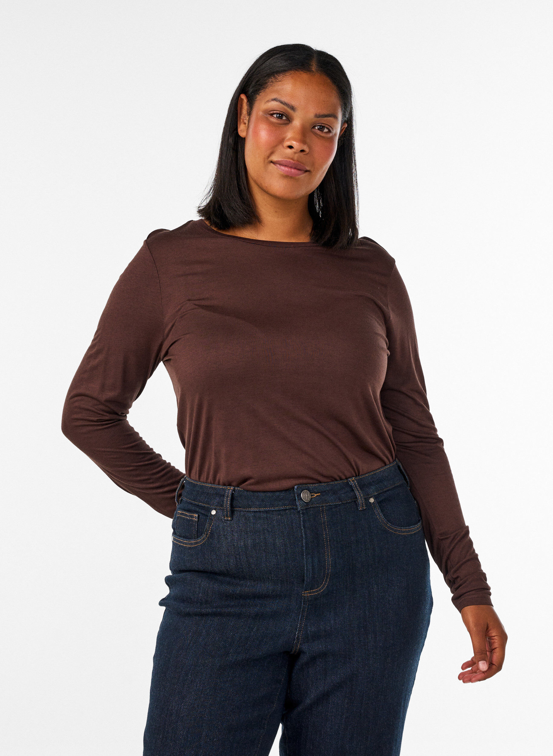 Blouse met lange mouwen van wol en viscose, Bruin, Model