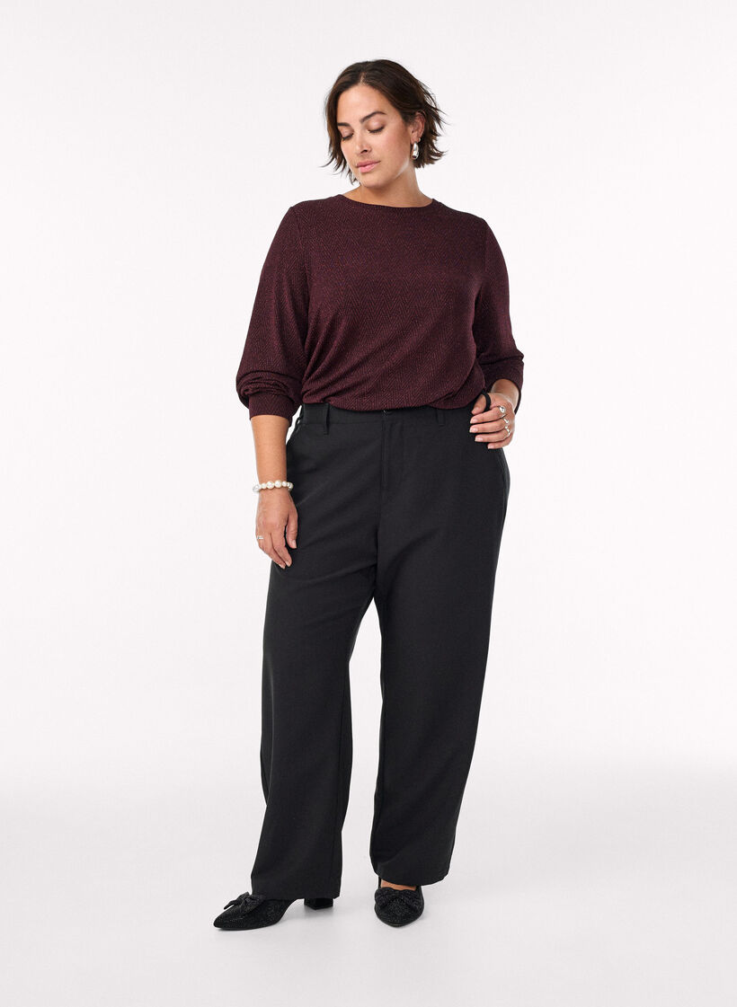 Blouse met visgraatpatroon en glinsterend garen, Donker Bordeaux, Model image number 1