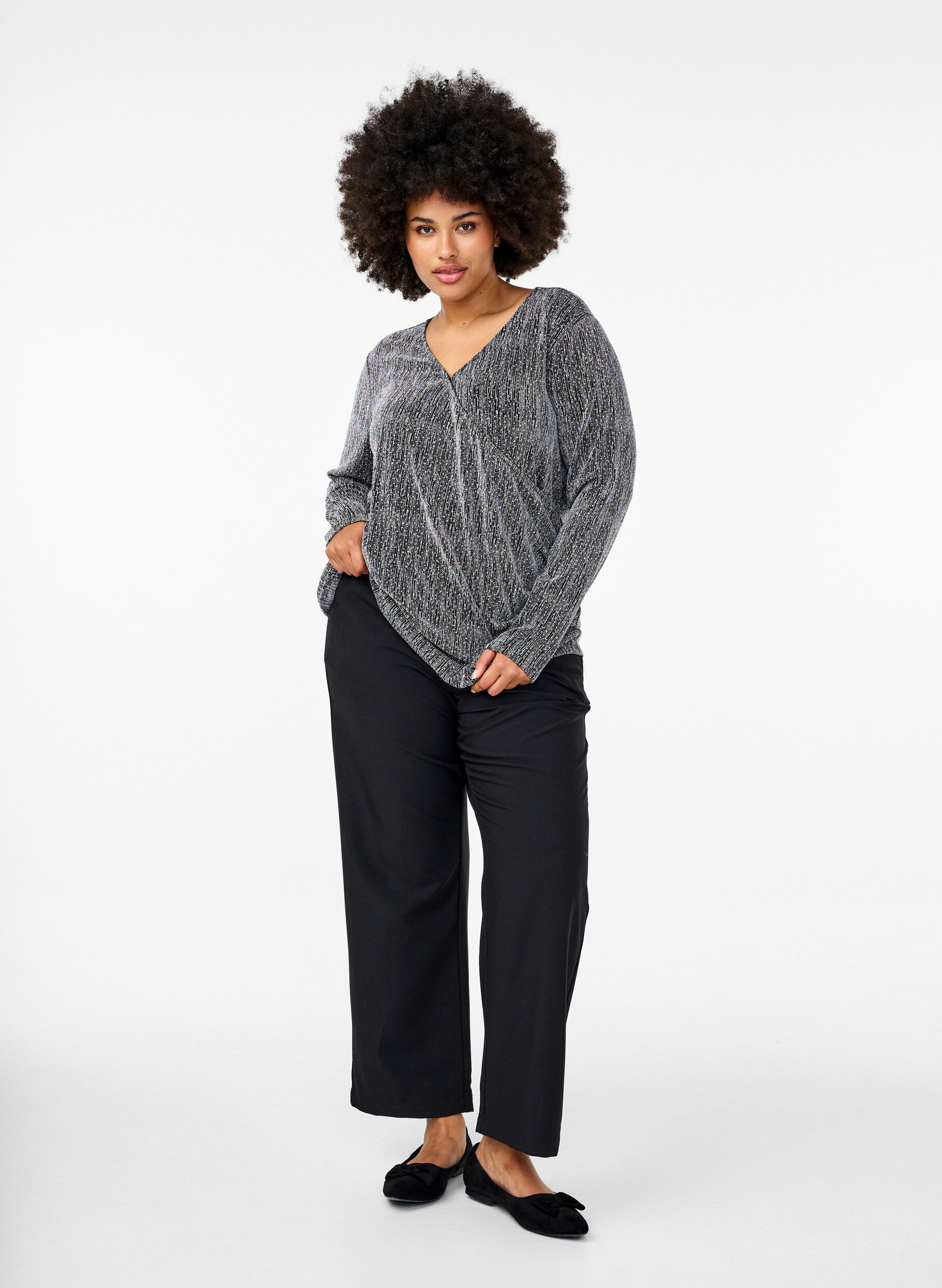 ZizziWikkel-look glitter partytop, Zwart, Model image number 1