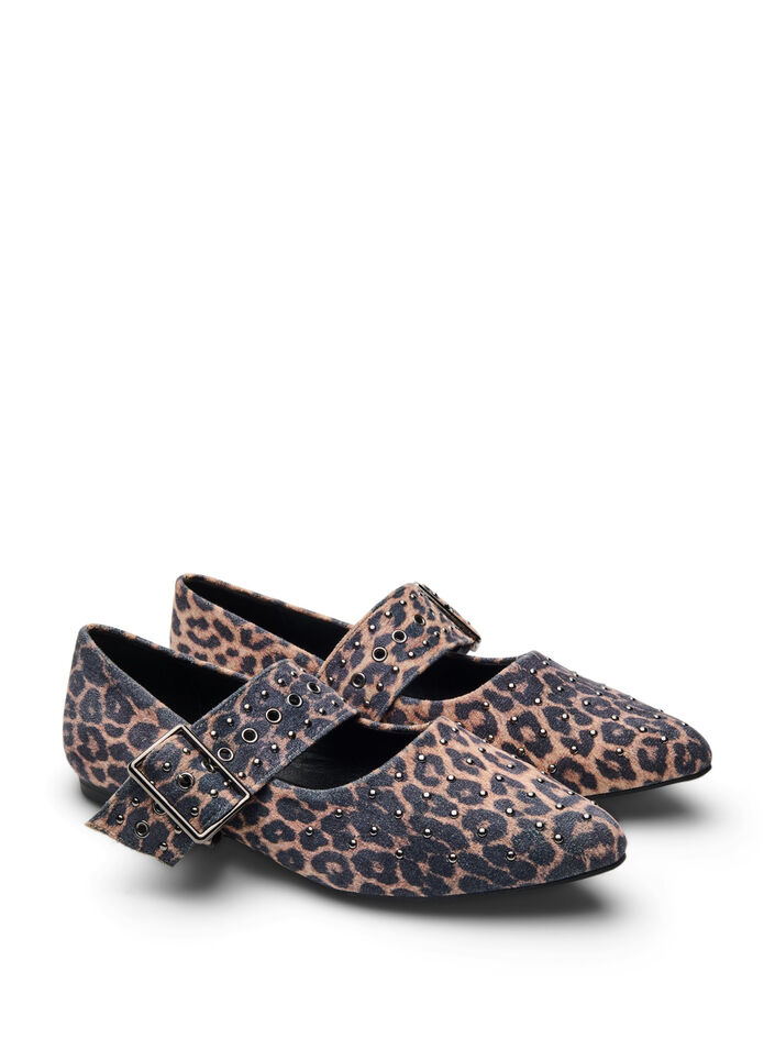 Wide fit - Luipaard print ballerina met gesp en studs, Leopard AOP, Packshot