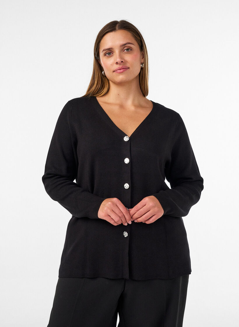 Fijngebreid cardigan met decoratieve knopen, Zwart, Model image number 0