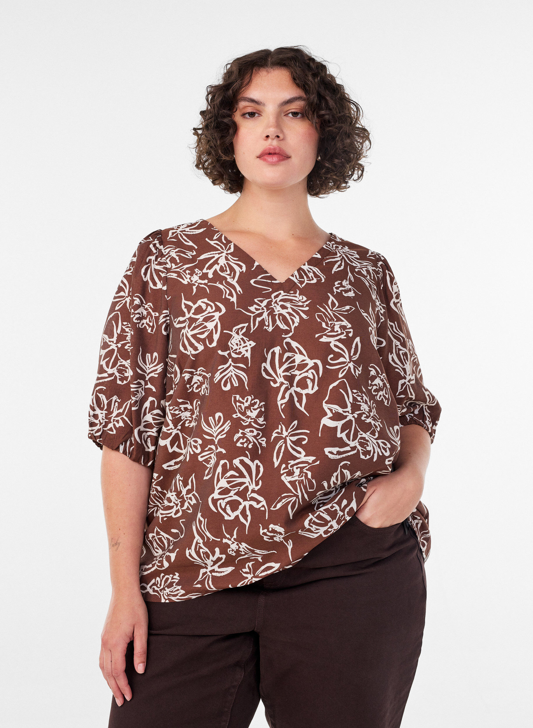 ZizziViscose blouse met V-hals, Bruin, Image image number 0