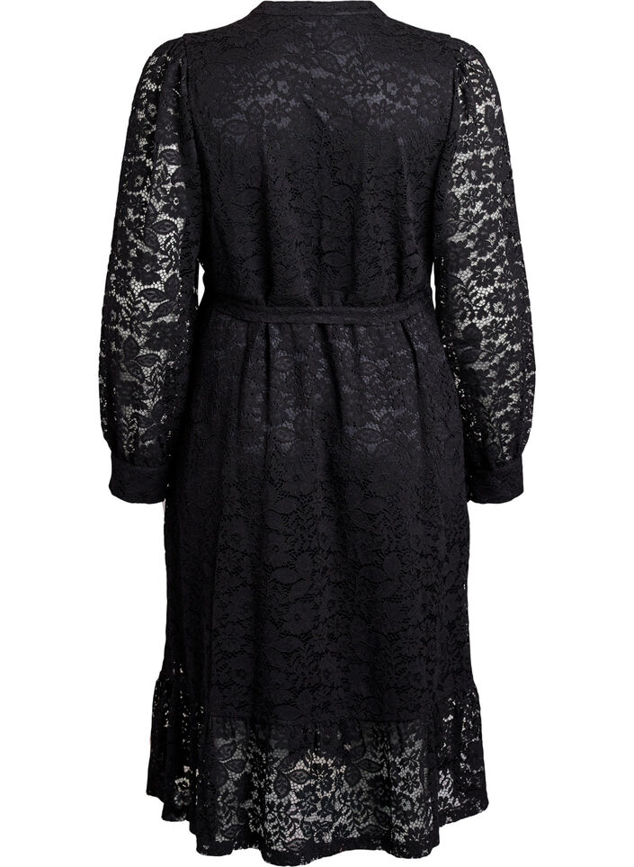 Kanten jurk met lange mouwen en een strikceintuur, Black, Packshot