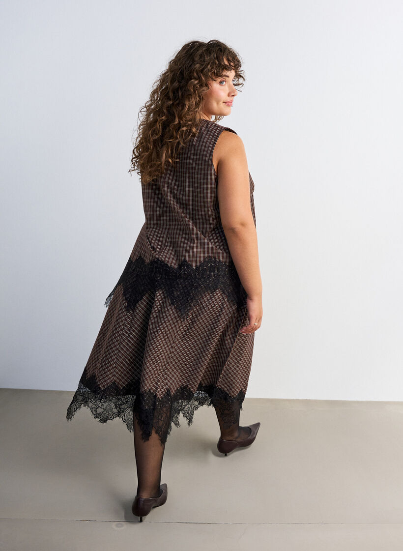 Midi-rok met kanten afwerking en ruitpatroon, Bruin, Model image number 1