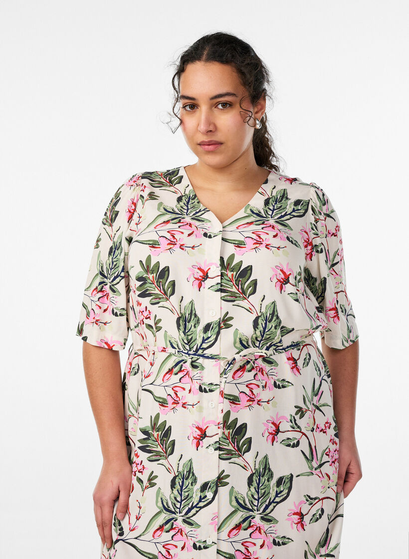 Jurk met print en strikceintuur, Vanille, Model image number 2