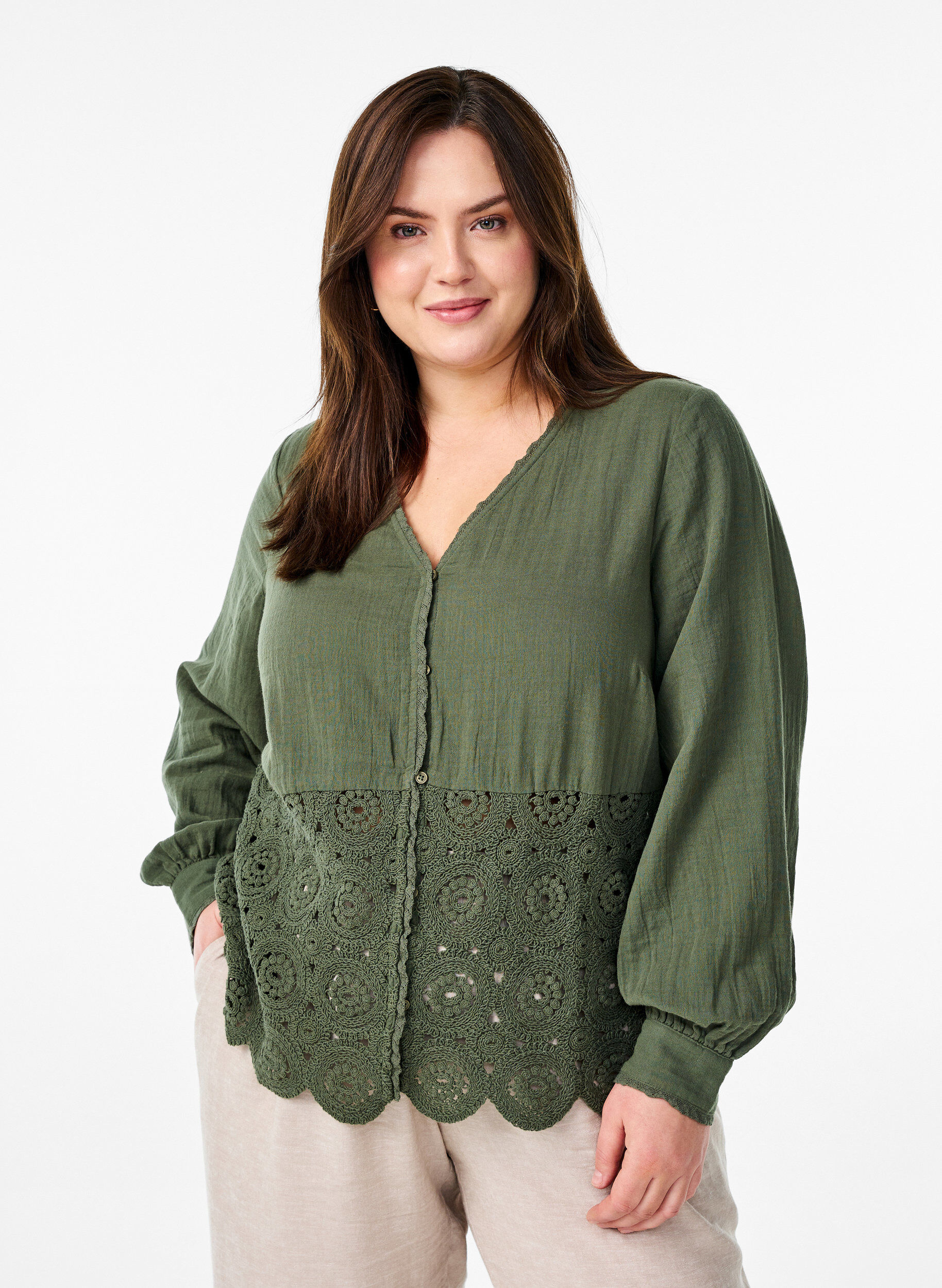 Katoenen mousseline blouse met haakdetails, Groen, Model