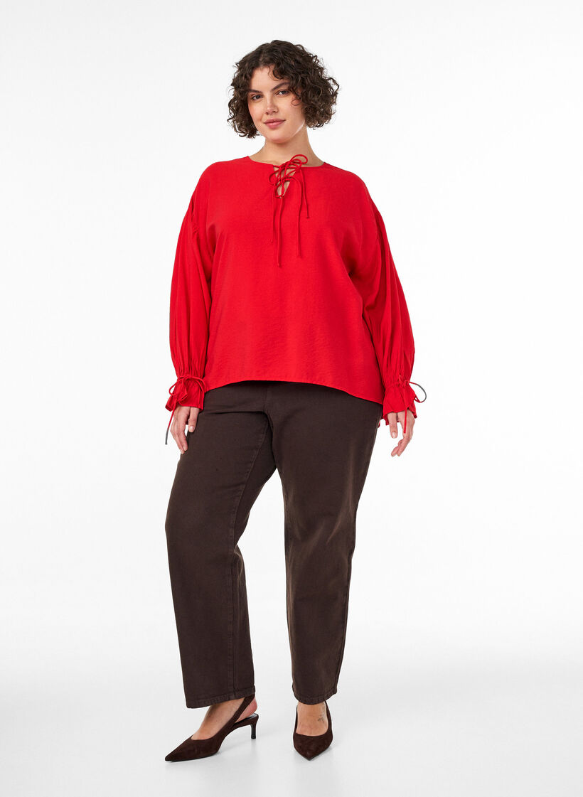 Viscose blouse met strikjes en ruches, Rood, Model image number 1