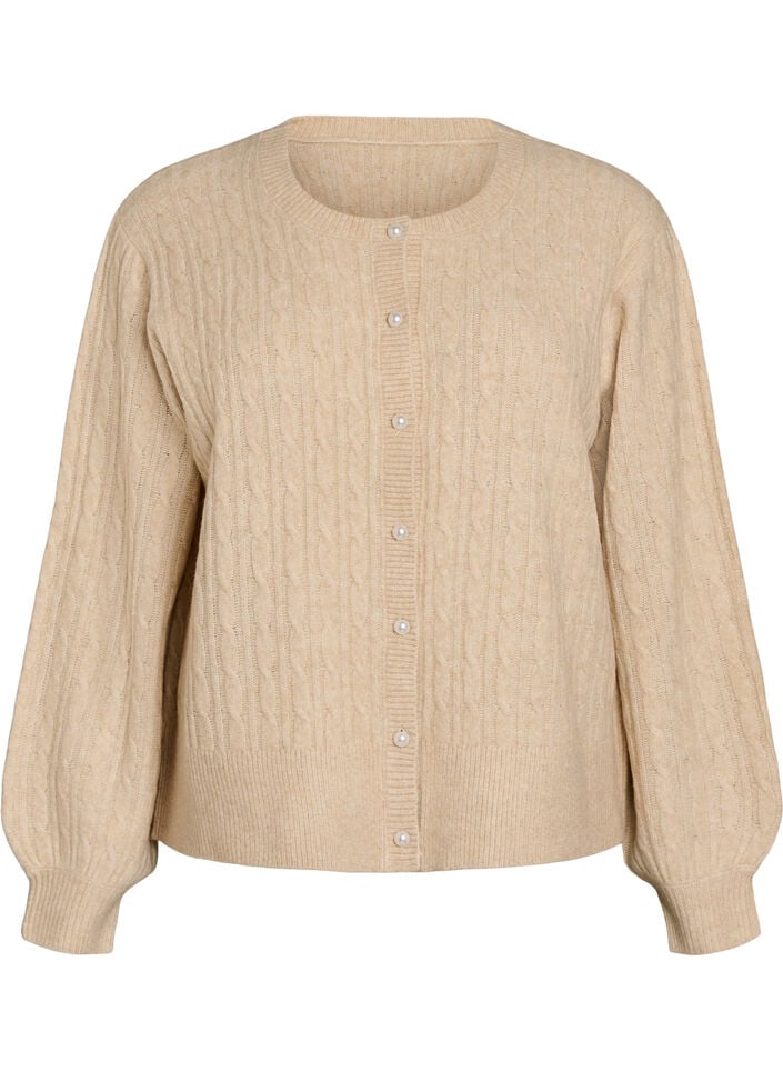 Kabelgebreid vest met parelknopen, Beige, Packshot image number 0