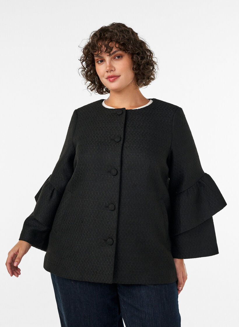 Boucl&eacute; jasje met ruchesdetails, Zwart, Model image number 3