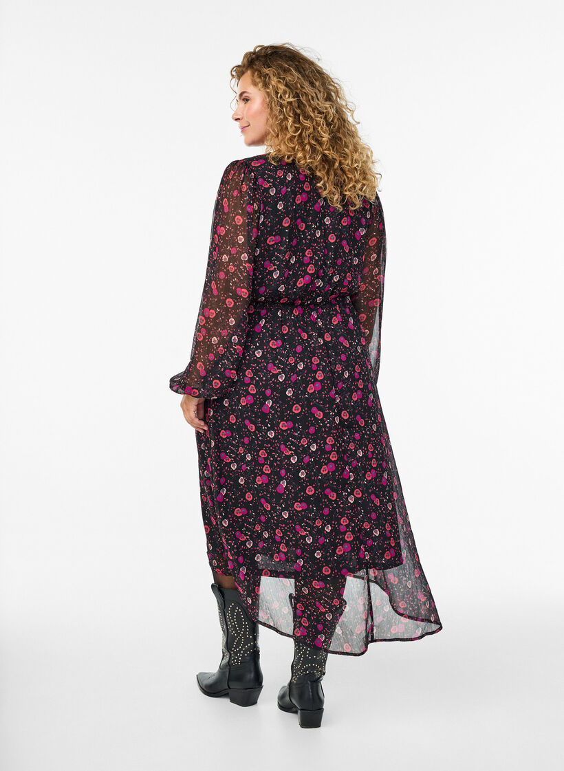Chiffon jurk met bloemenprint en lange mouwen, Zwart, Model image number 1