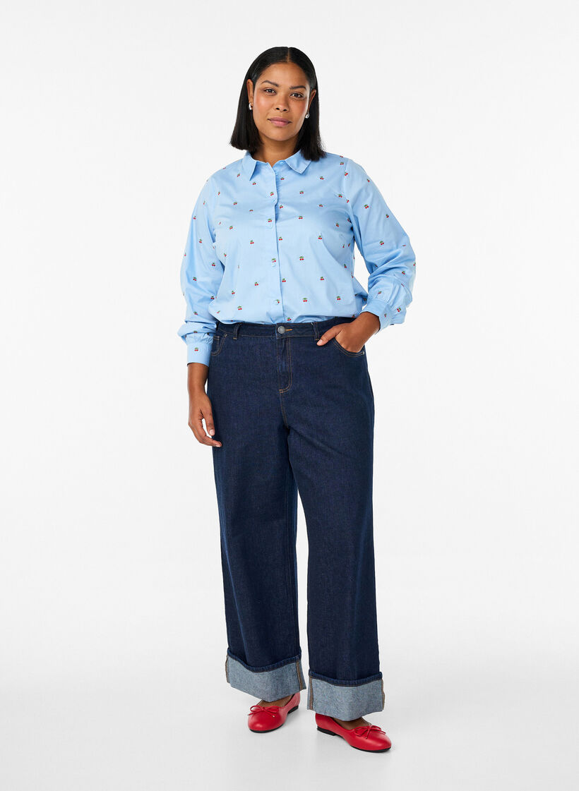 Overhemdbluse met geborduurde kersjes, Blauw, Model image number 1