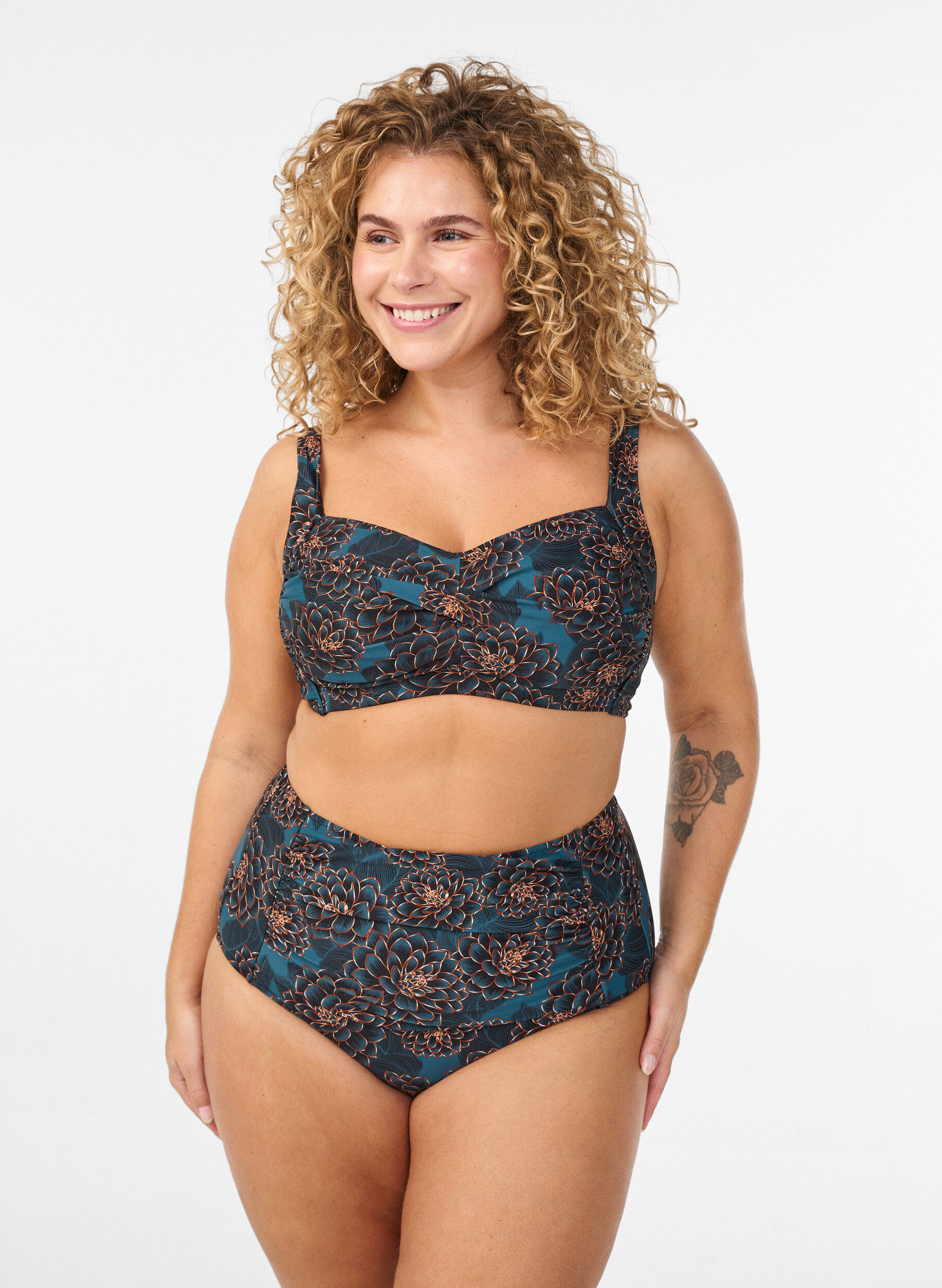 Bikinibroekje met print en hoge taille, Blauw, Model