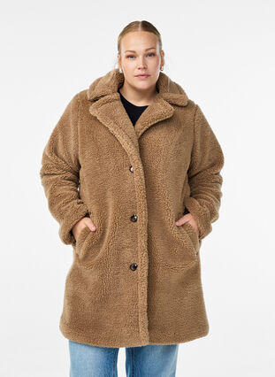 ZizziZachte teddystof jack met knoopsluiting en een kraag, Caribou, Model image number 0