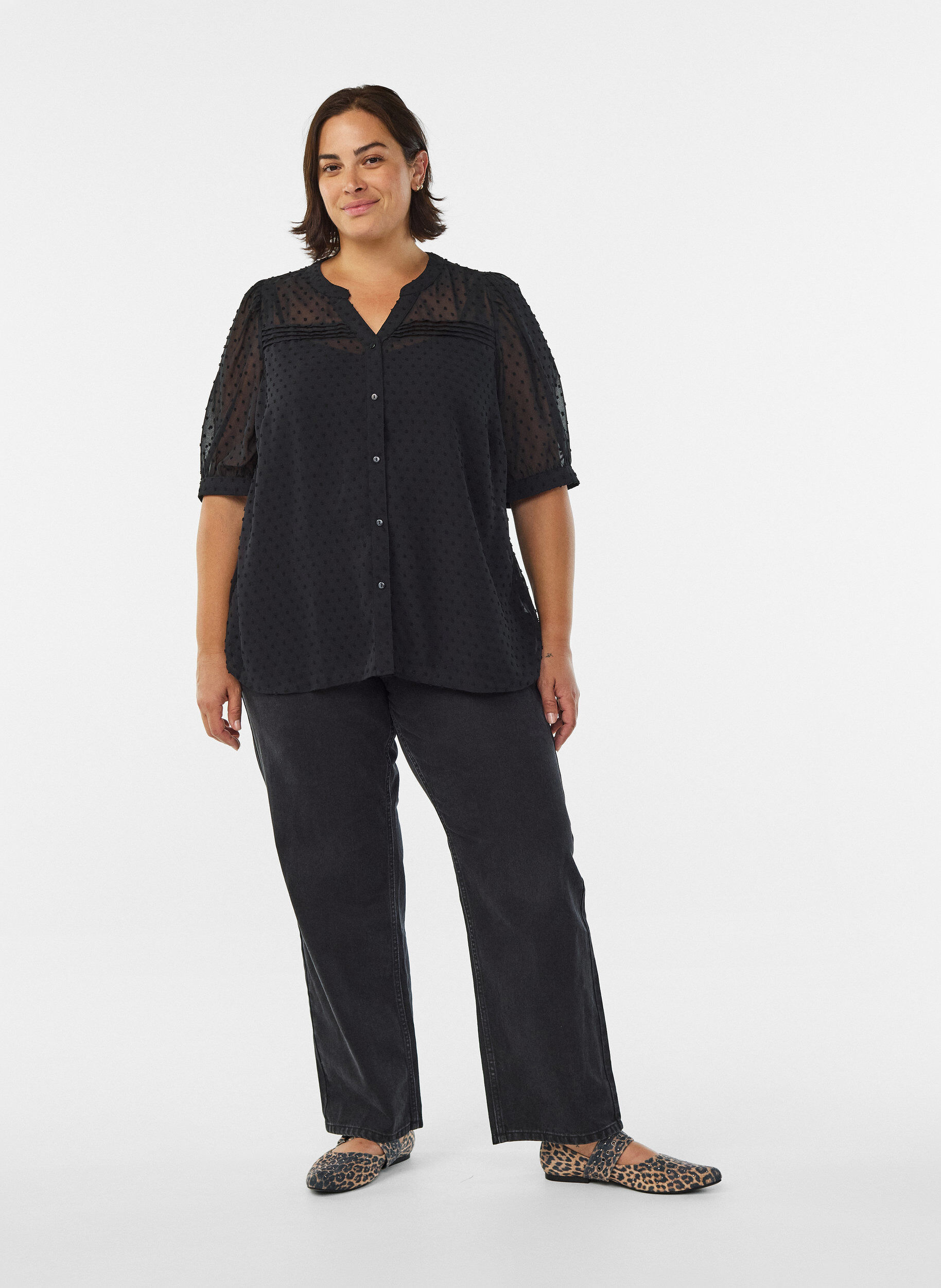 ZizziBlouse met korte mouwen en een gestippelde textuur, Zwart, Model image number 1