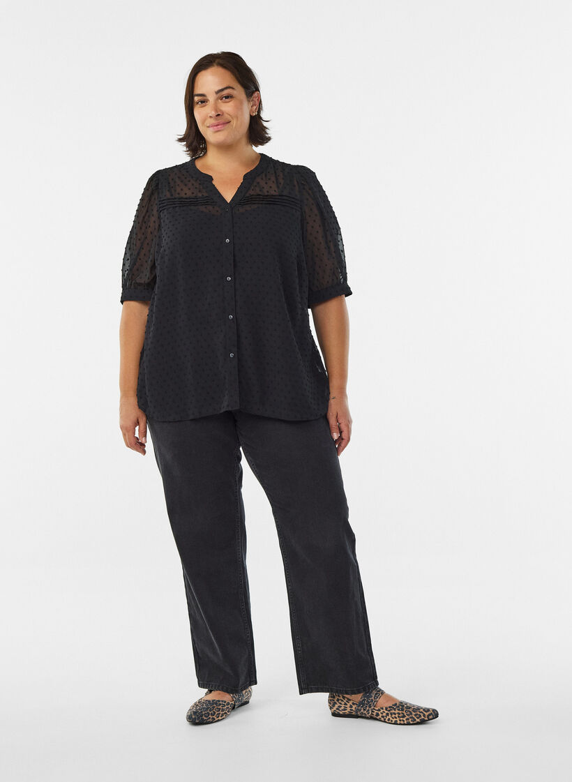 Blouse met korte mouwen en een gestippelde textuur, Zwart, Model image number 1