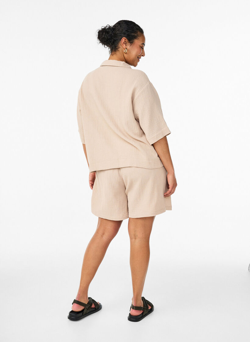 Short taille haute en mousseline de coton, Beige, Model image number 2