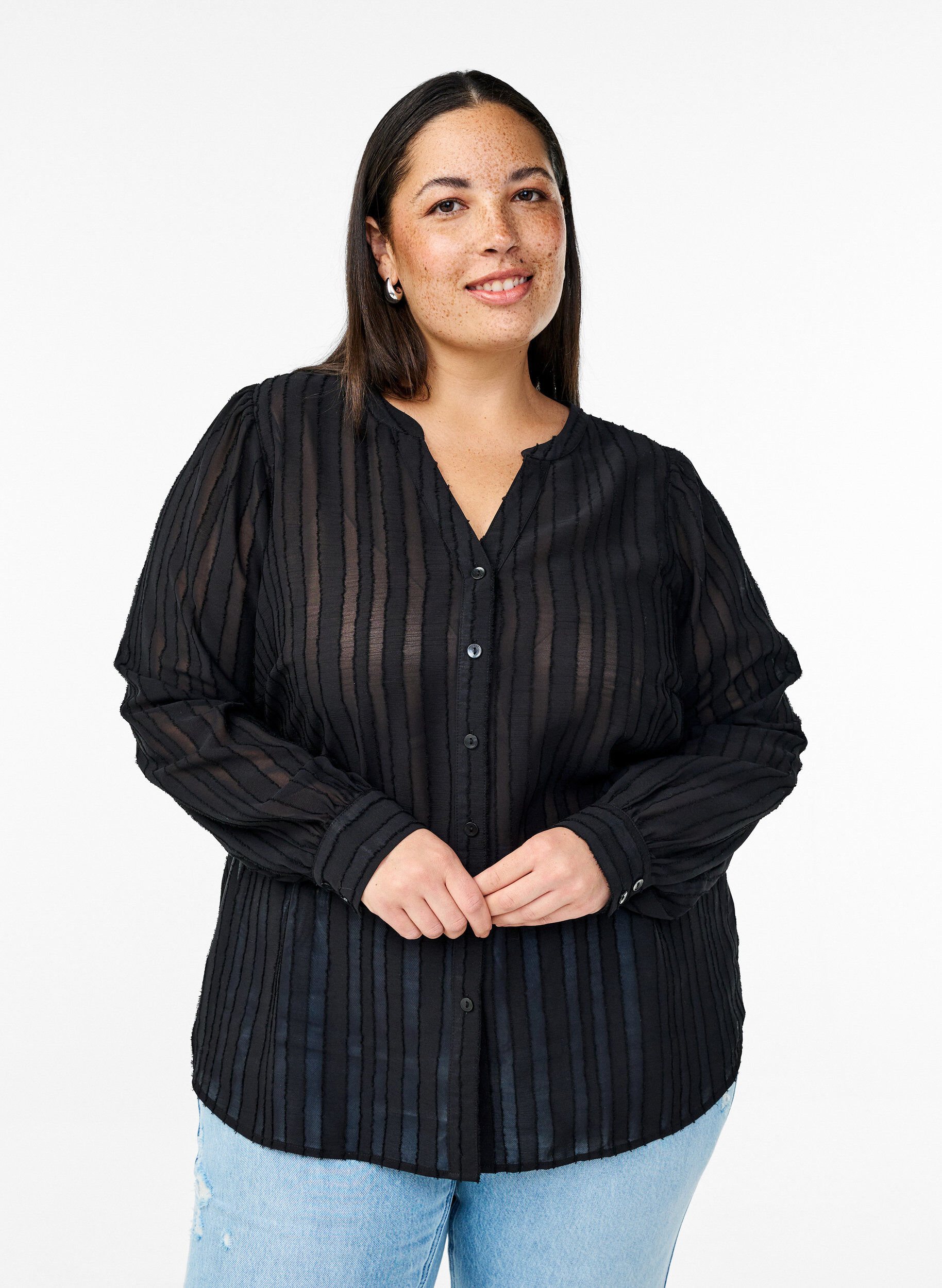 Gestreepte blouse met transparante strepen, Zwart, Model