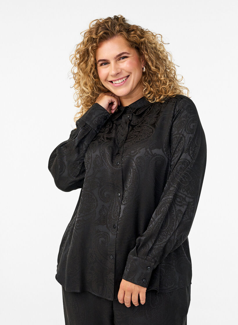 Shirt met ton-sur-ton paisleypatroon, Zwart, Model image number 0