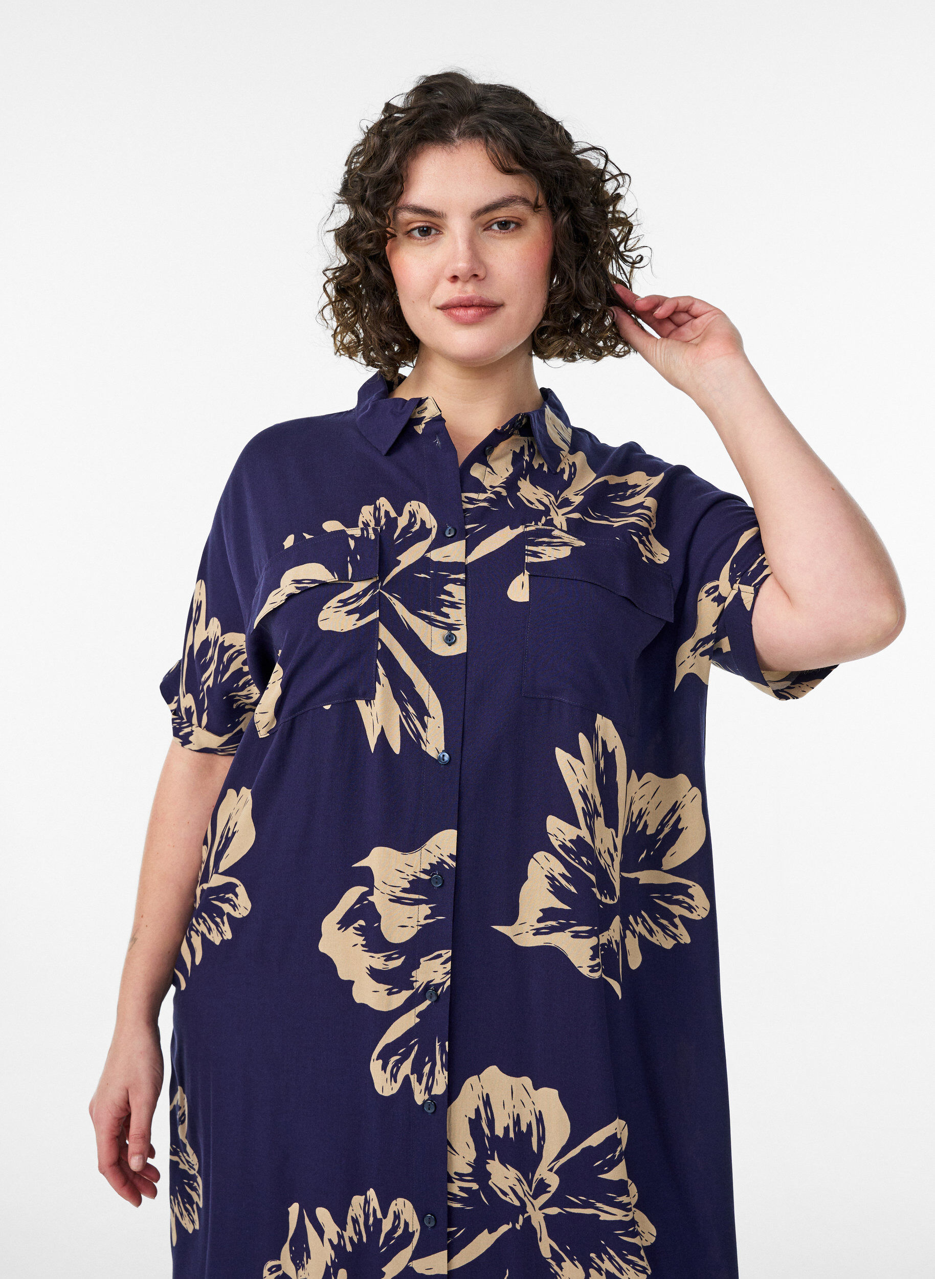 ZizziLange overhemdjurk met korte mouwen, Blauw, Model image number 2