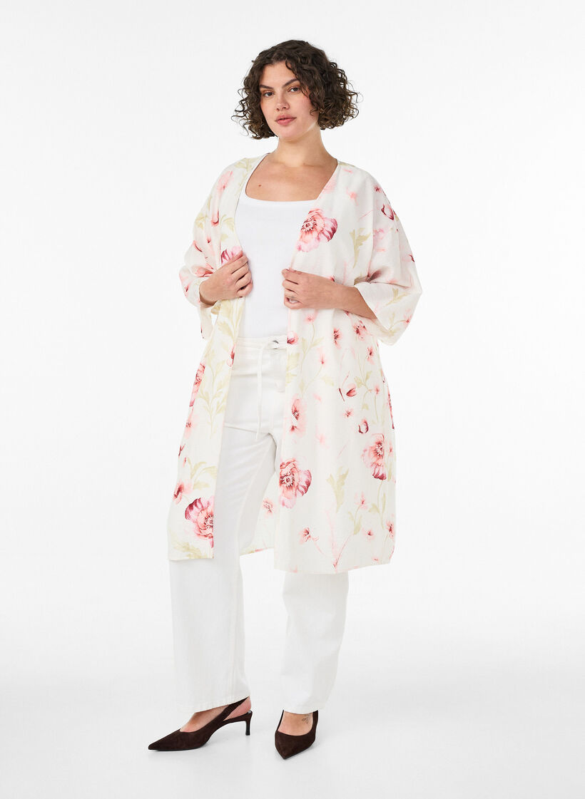 Kimono en viscose avec manches 3/4, Rose poudr&eacute;e, Model image number 1