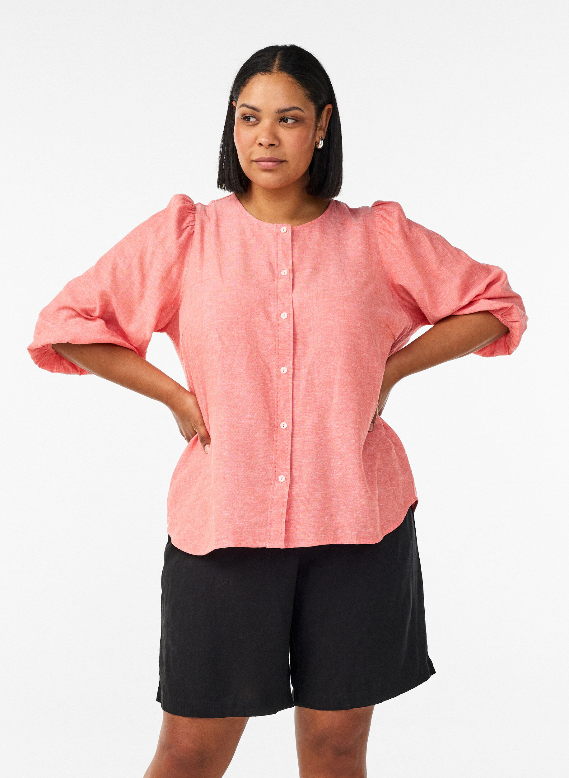 Shorts met hoge taille in linnen en viscose, Zwart, Model