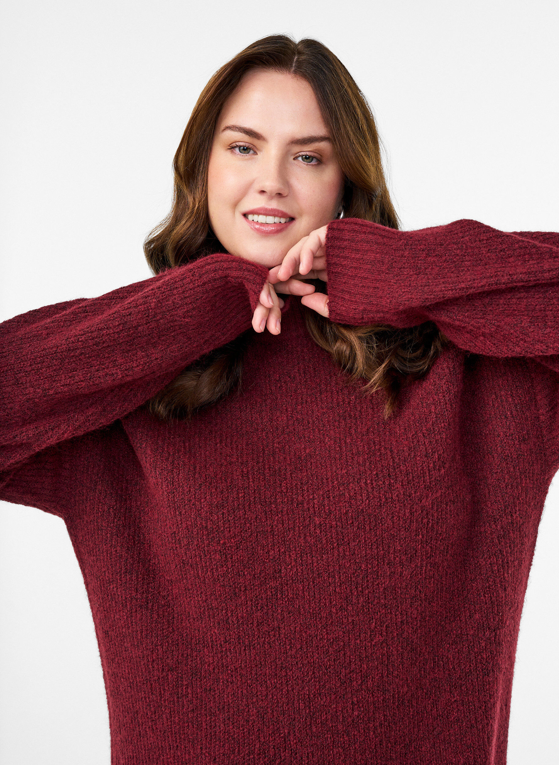 ZizziLange gebreide jurk met hoge hals, Rood, Model image number 3