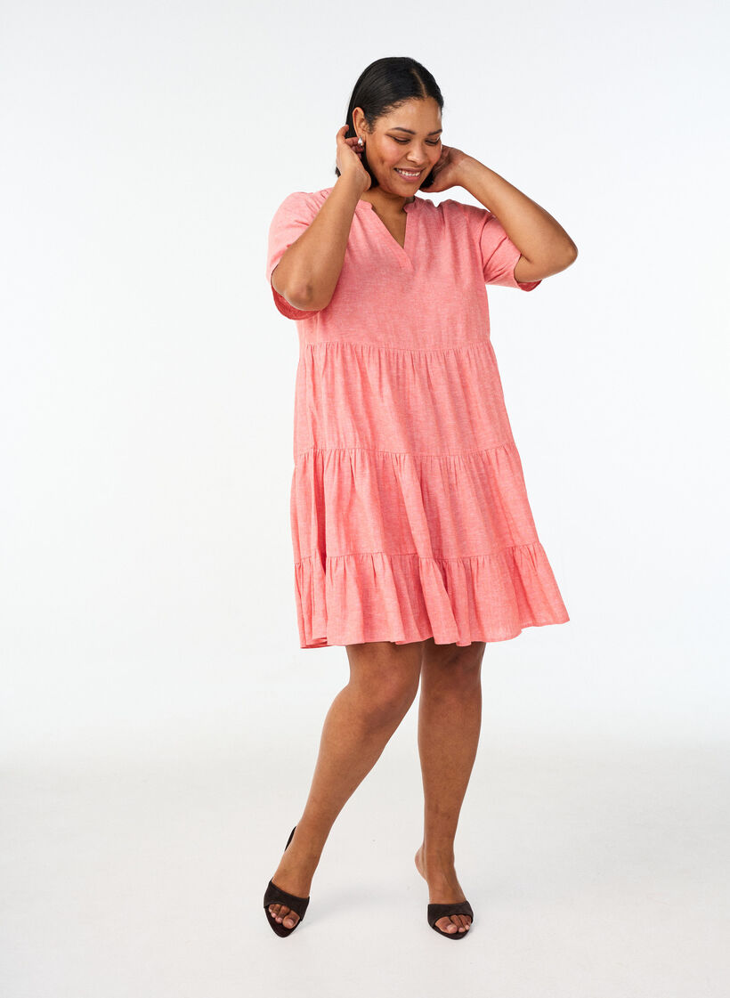 Robe A-line longueur genou en lin et viscose, Corail, Model image number 1