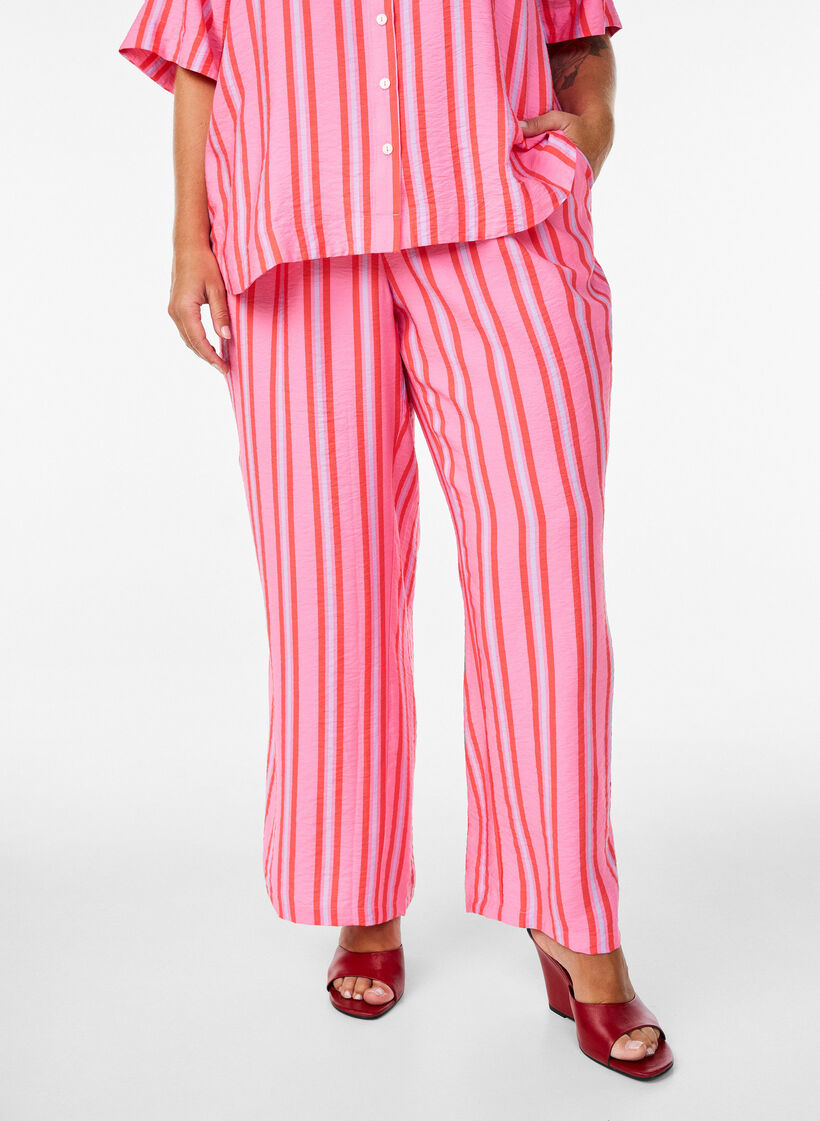 Gestreepte broek met hoge taille en wijde pijpen, Roze, Model