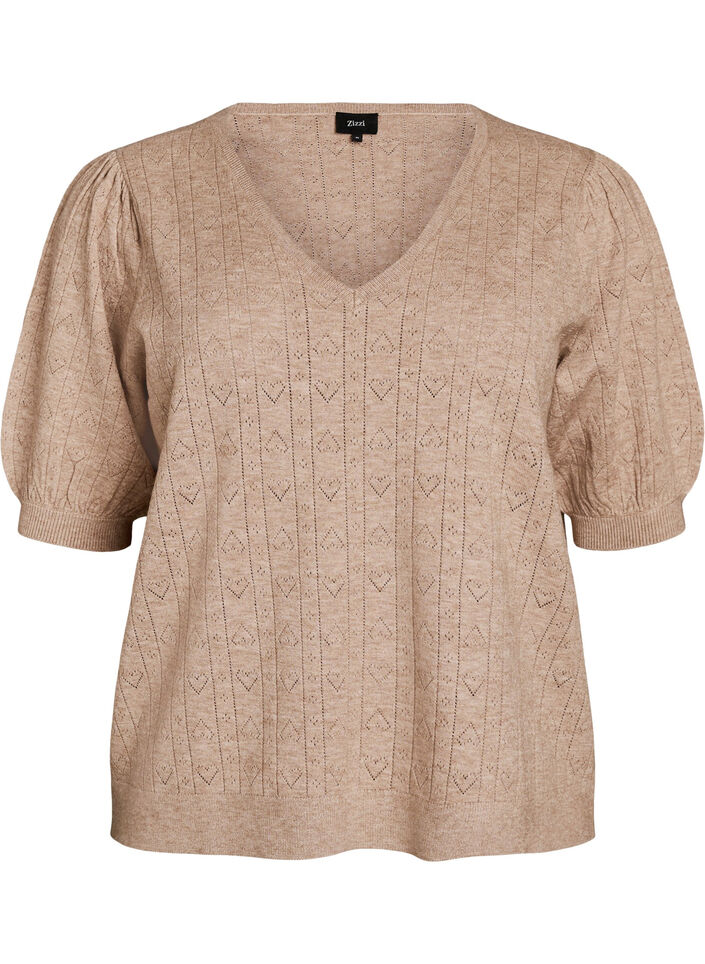 Blouse en maille pointelle &agrave; manches courtes, Beige, Packshot image number 0