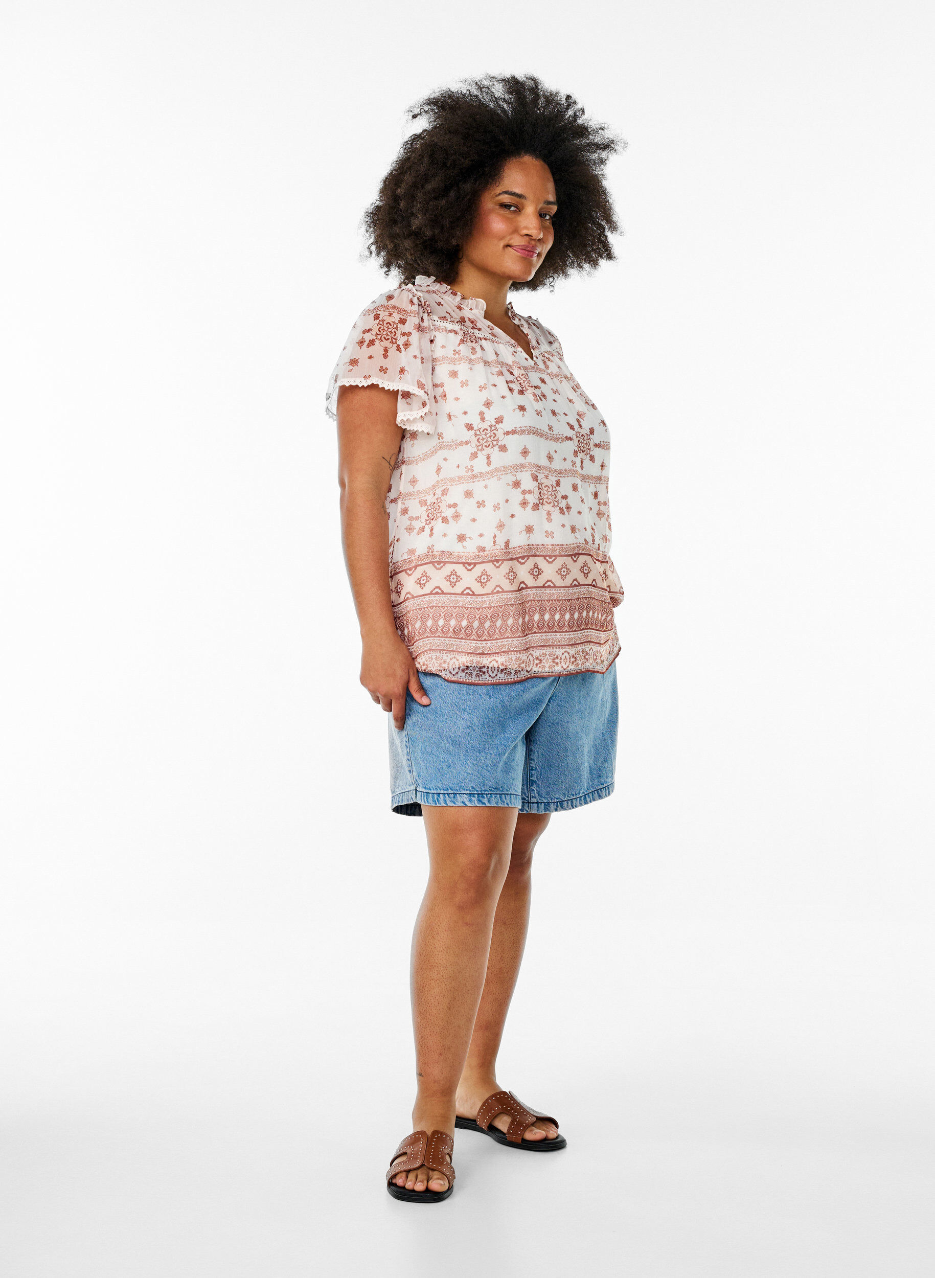 ZizziBlouse met patroon, ruches en korte mouwen, Vanille, Model image number 1