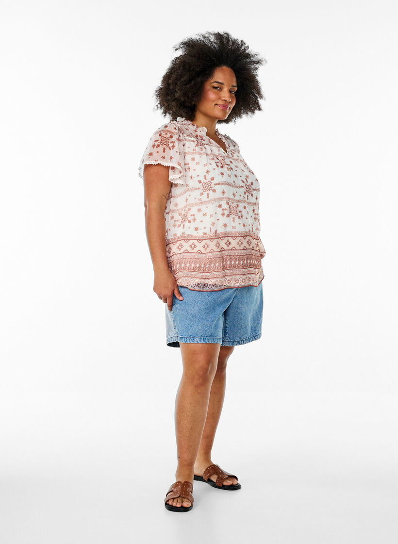 Blouse met patroon, ruches en korte mouwen, Vanille, Model image number 1