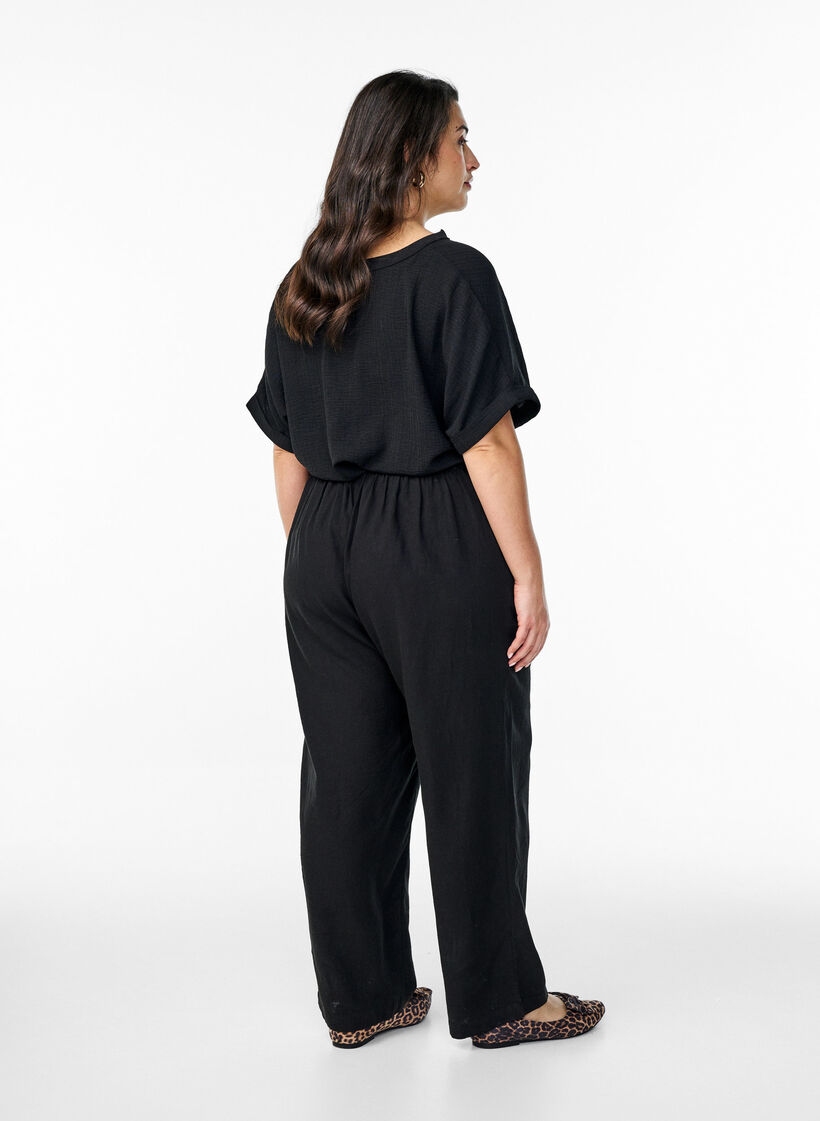 Linnen en viscose broek met losse pasvorm, Black, Model image number 1