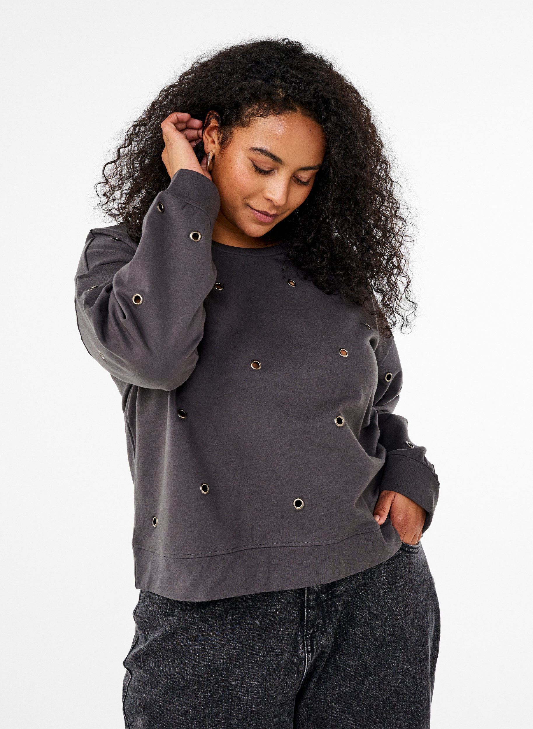Sweatshirt met oogjes, Grijs, Model
