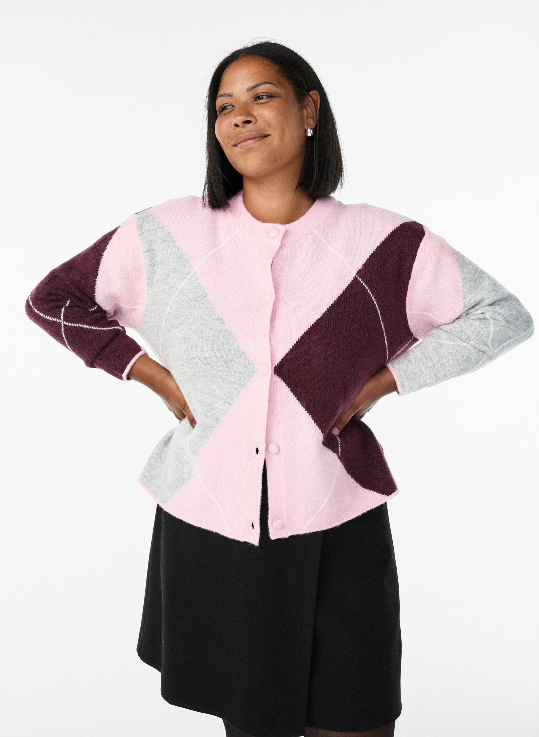 Cardigan met argylepatroon en ronde hals, Roze, Model