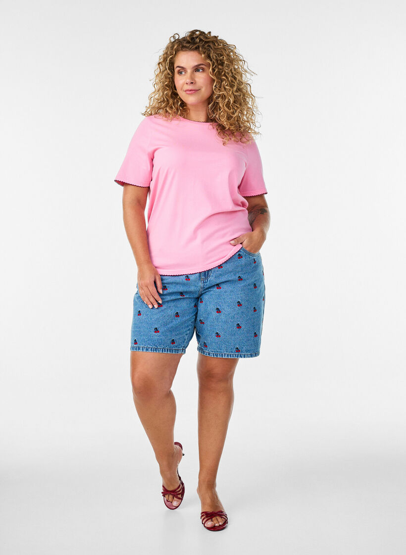 Katoenen T-shirt met golvende contrasterende randen, Roze, Model image number 1