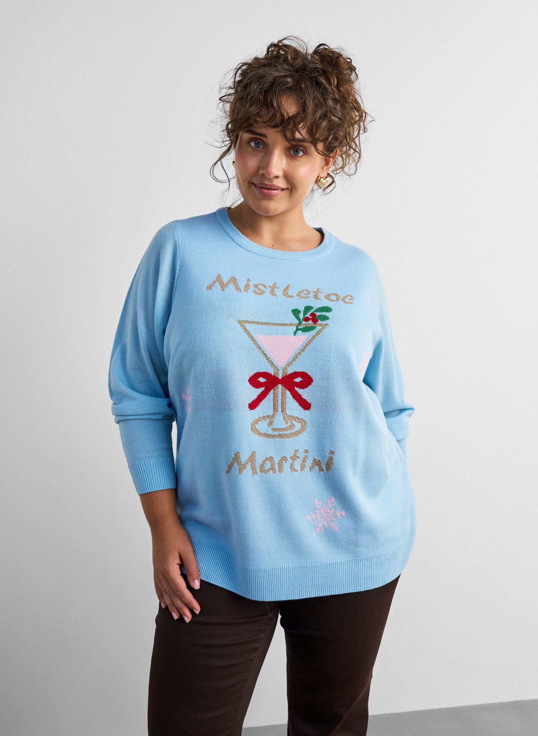 Gebreide blouse met een kerstmotief, Blauw, Model