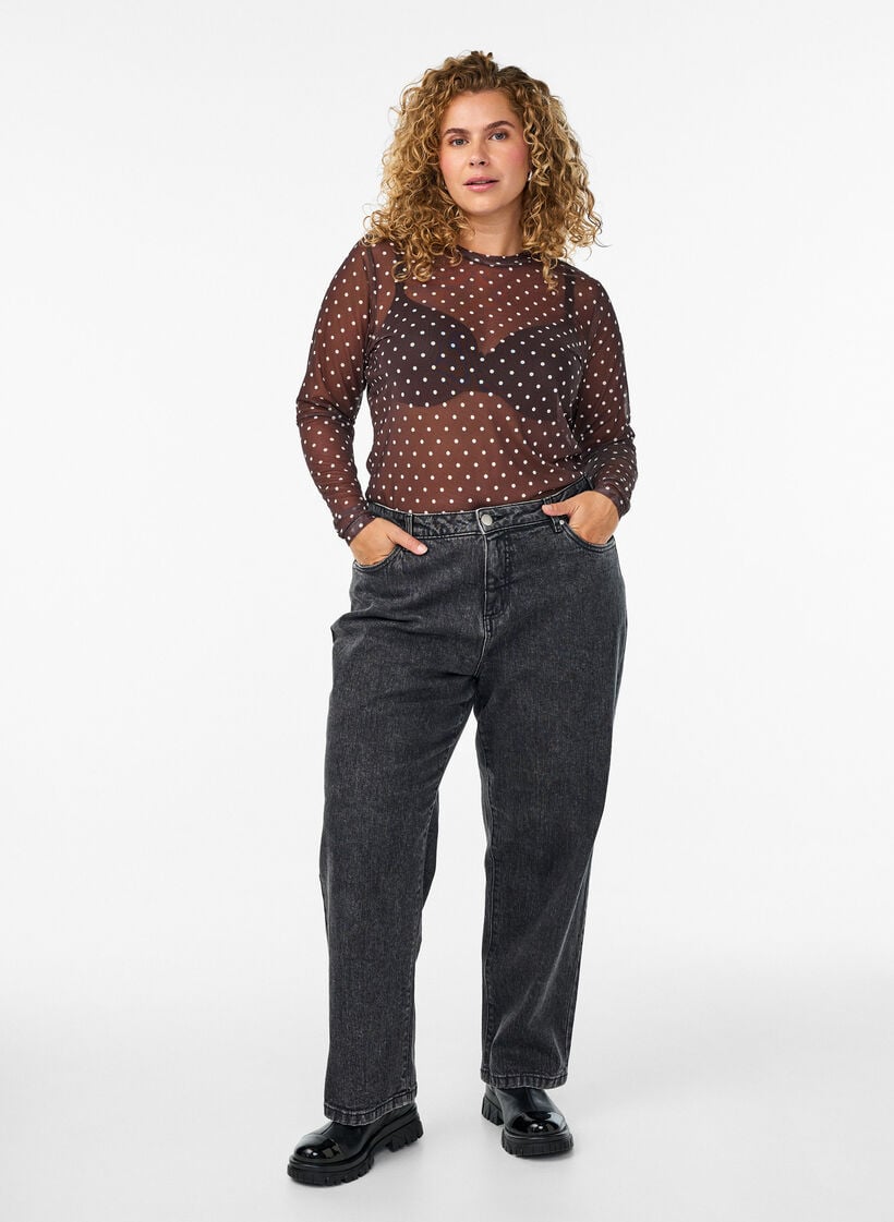 Mesh blouse met stippen, Bruin, Model image number 1