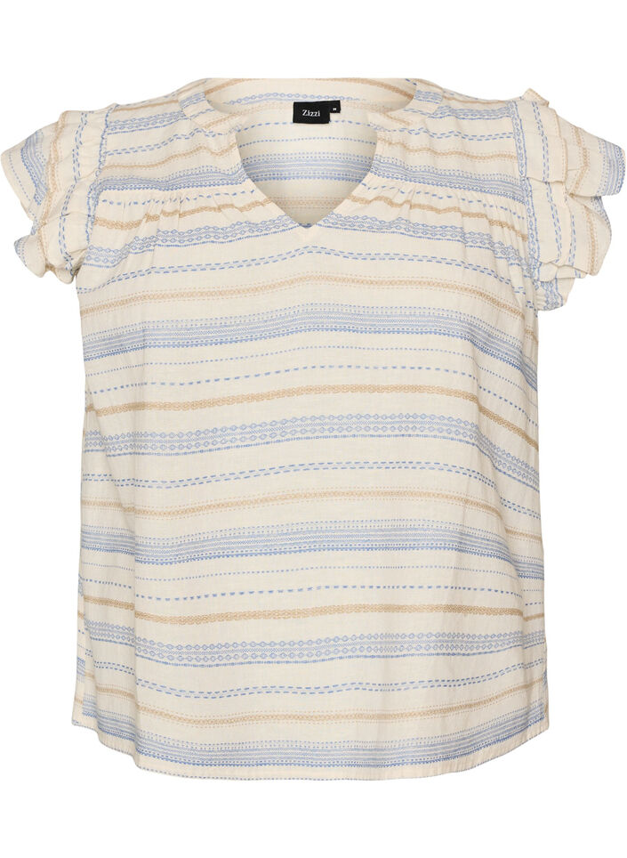 Mouwloze blouse met ruches en gestreept patroon, Vanille, Packshot image number 0