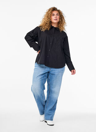 ZizziKatoenen shirt met ton-sur-ton bloemenborduursel, Black, Model image number 2