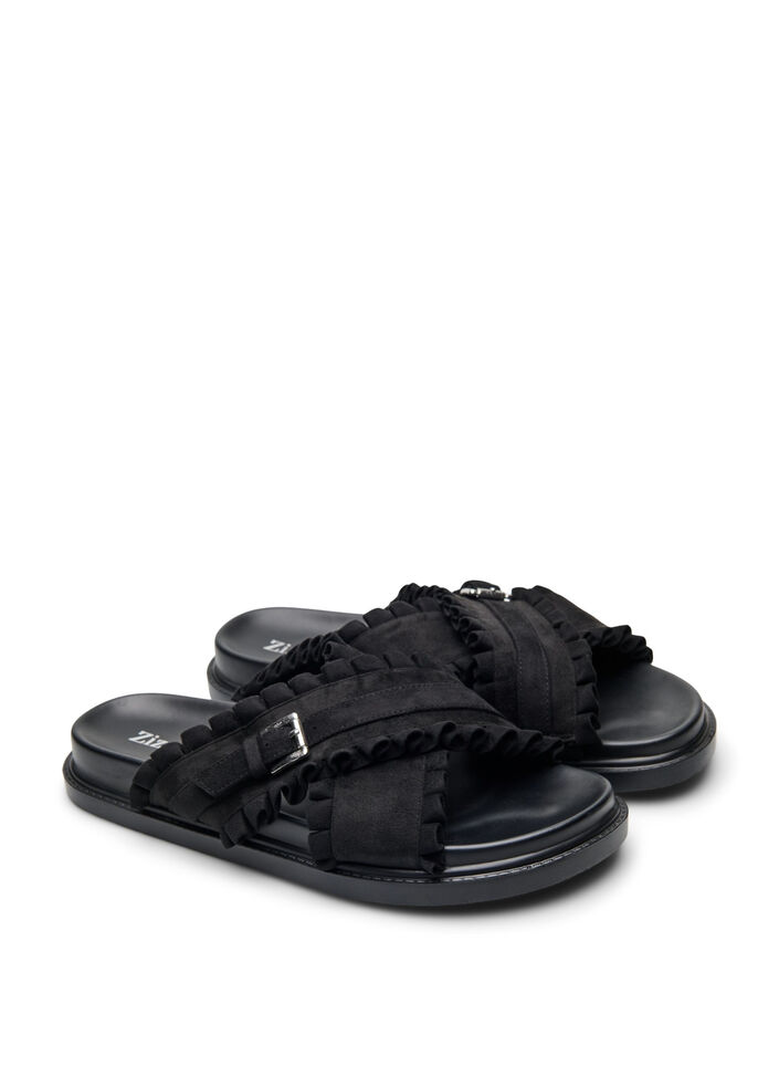 Wide fit - Instapsandaal met ruche details, Black, Packshot