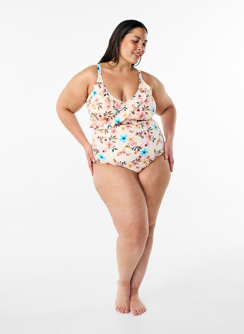Bikinibroekje met extra hoge taille en bloemenprint, Beige, Model image number 1