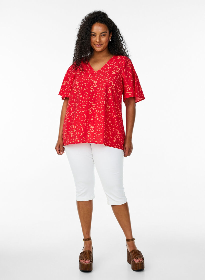 Blouse met vleermuismouwen en bloemen, Rood, Model image number 1