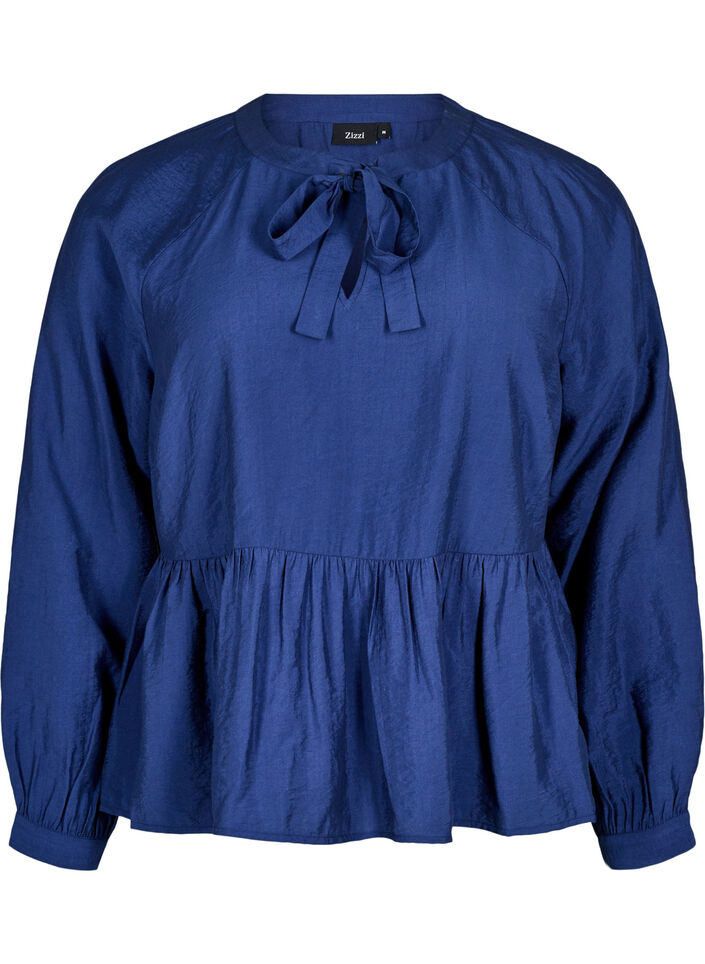 Blouse met strik en lange mouwen, Blauw, Packshot image number 0
